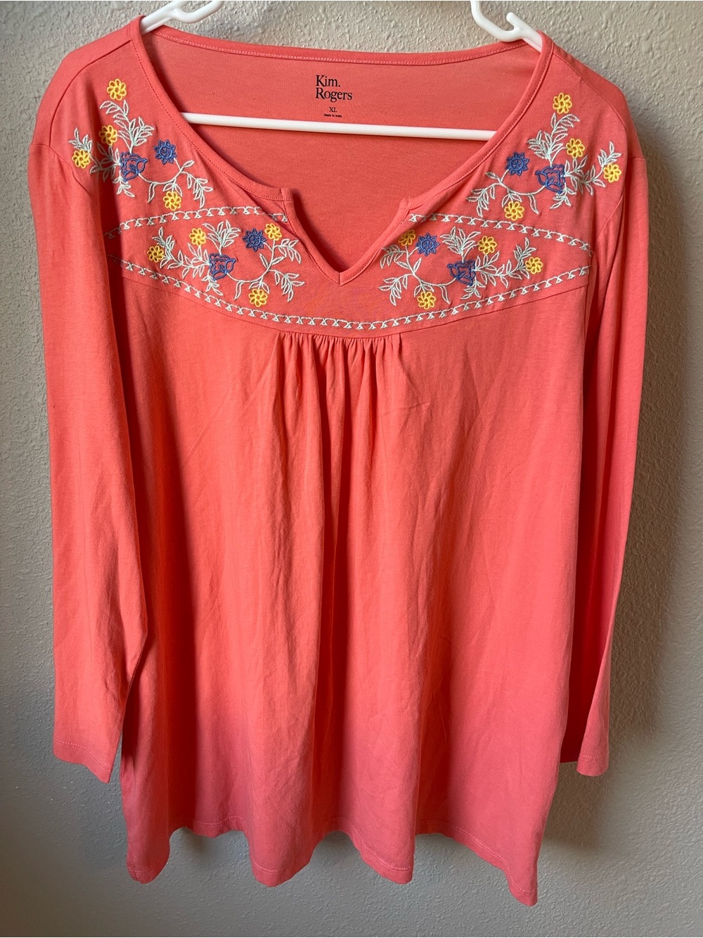 Kim Rogers Coral Long-Sleeve V-Notch Top with Floral Embroidery